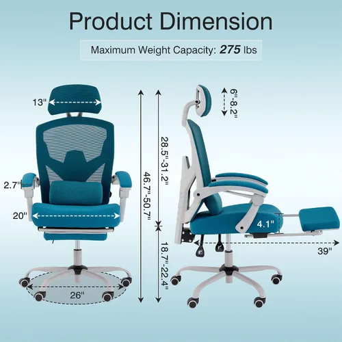 Vista 2 de Silla de oficina ergonómica de malla con almohada de apoyo lumbar y reposapiés retráctil, diseño de respaldo alto transpirable, silla reclinable Azul