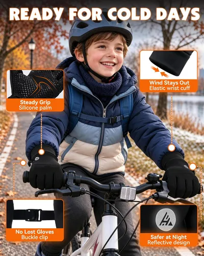Vista 7 de Hikenture Guantes de invierno cálidos para niños, pantalla táctil, ciclismo Negro