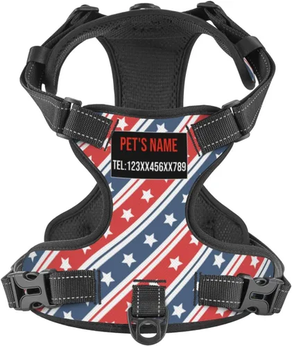 Vista 16 de Arnés personalizado para perro sin tirones, chaleco personalizado con bandera estadounidense para perro con número de teléfono y nombre de mascota