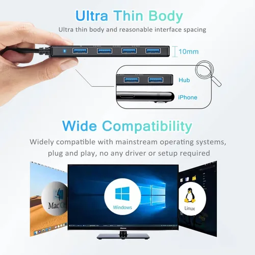 Vista 7 de Hub USB para laptop, 4 puertos USB 3.0 Hub USB Splitter USB Extender USB para laptop, MacBook, Mac Pro, Mac mini, iMac, Surface Pro, XPS, PC, unidad