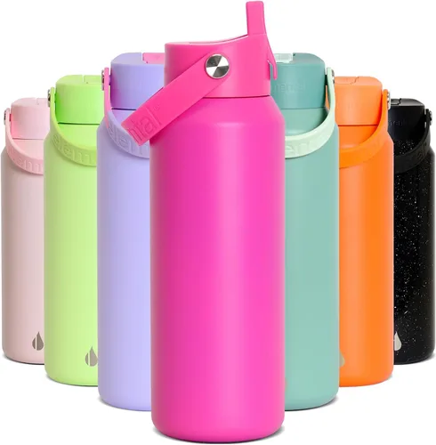 Vista 14 de Elemental Botella de agua aislada de 24 onzas con popote, botellas de agua con núcleo de acero inoxidable 100% a prueba de fugas para viajes, Beige