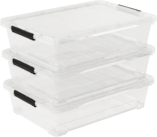 Vista 8 de Paquete de 3 contenedores de almacenamiento de plástico transparente debajo de la cama con tapas y ruedas, contenedores de almacenamiento de zapatos