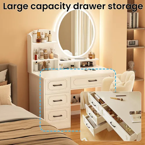 Vista 4 de Escritorio de maquillaje con espejo y luces, moderno escritorio de maquillaje para dormitorio, con mucho almacenamiento, 3 modos de iluminación