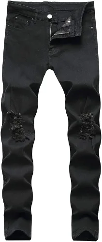 Vista 3 de LONGBIDA Pantalones de mezclilla ajustados rasgados para hombre, elásticos, ajustados, con agujeros en la rodilla, pierna cónica