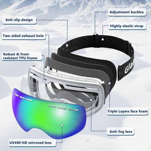 Vista 5 de OTG Ski Goggles PRO, Frameless 100% UV Protection Anti Fog Ski Goggles Men, Snowboard Goggles Men/Women/Adult/Youth