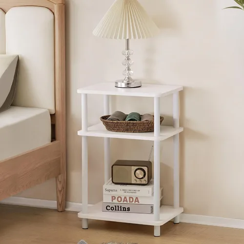 Vista 10 de Apicizon - Mesa auxiliar de 2 niveles, pequeña mesa auxiliar con patas de madera maciza, mesa de noche estilo boho con estante de almacenamiento