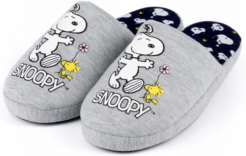 Vista 5 de PEANUTS Snoopy - Pantuflas para mujer en color gris marga, calzado de dibujos animados de Snoopy y Woodstock para mujer Zapatos de casa sin cordones