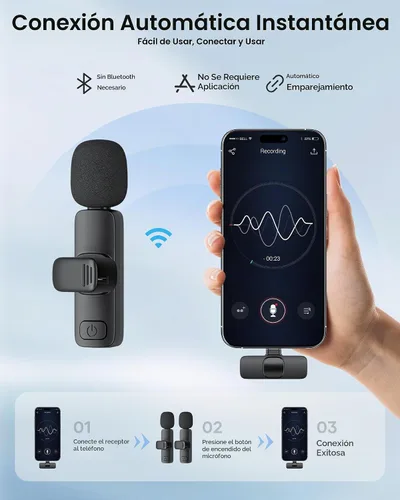 Vista 2 de Paquete de 2 micrófonos de solapa inalámbricos para iPhone, iPad y teléfono Android, micrófono de solapa Plug and Play, micrófono inalámbrico