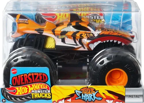 Vista 5 de Hot Wheels Monster Trucks, camión monstruo de gran tamaño, camión de juguete fundido a presión a escala 1:24 con ruedas gigantes y diseños geniales