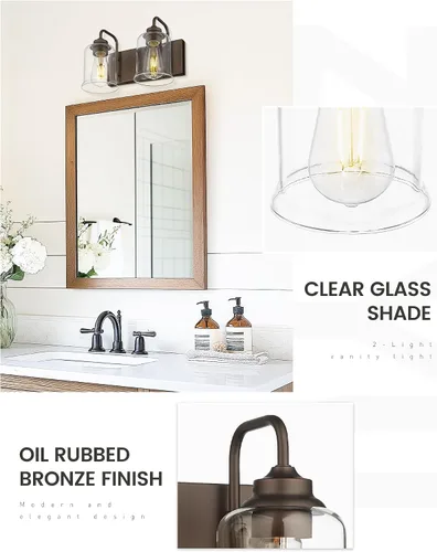 Vista 3 de zeyu Accesorios de Iluminación para Baño en Bronce Aceitado, Lámpara de Tocador de Baño de 2 Luces, Apliques de Pared Estilo Granja de 12.5 Pulgadas