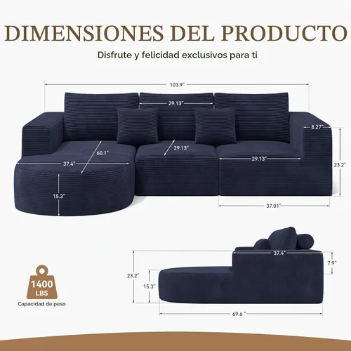 Vista 2 de Sofá modular modular con diván en forma de L, sofá cama moderno seccional Cloud con asiento profundo, sofás de compresión de esponja, no requiere