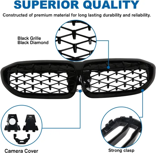 Vista 4 de Parrilla G20 - Parrilla de Riñón Negra Compatible con Serie 3 G20 316i/318i/320i/328i/330i/335i/340i de 2019-2022 Negro Brillante Diamante
