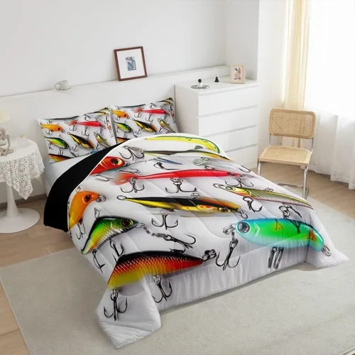 Vista 5 de Erosebridal Juego de ropa de cama de pesca tamaño individual, juego de edredón de peces coloridos para niños, adolescentes, hombres, pescadores