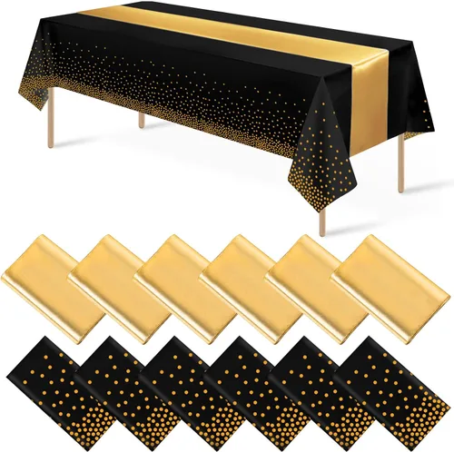 Vista 11 de 8 paquetes de manteles de plástico desechables y juego de camino de mesa de satén negro con dorado, mantel de satén dorado para graduación, boda