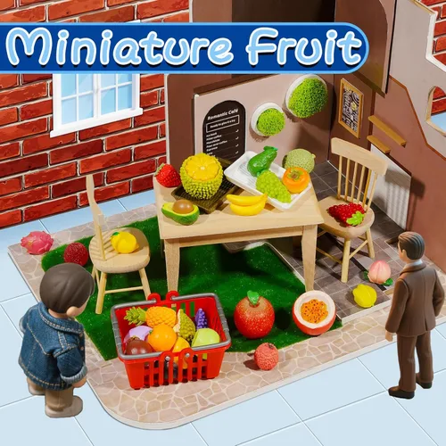 Vista 5 de Exasinine 33 piezas de figuras de frutas en miniatura, fresa, melocotón, uvas, mini figuras de resina, frutas artificiales para jardín, cocina