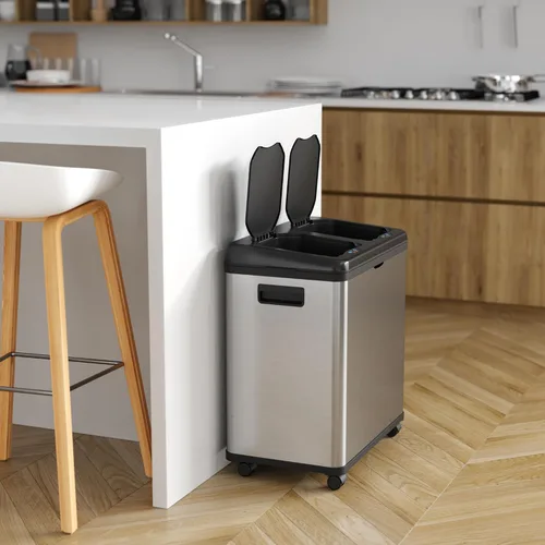 Vista 2 de iTouchless Bote de basura de cocina con sensor 2.0 de 16 galones, con doble compartimiento, con ruedas, de acero inoxidable, automático, de 8