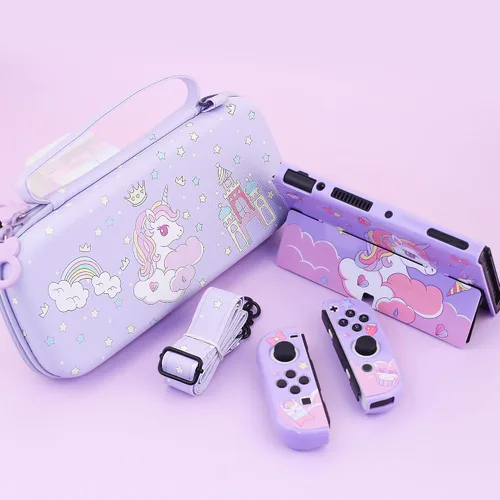 Vista 7 de Bolsa de viaje OLED para Nintendo Switch con 10 ranuras para tarjetas, funda de transporte anticaídas con cubierta rígida protectora de unicornio