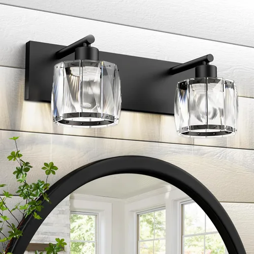 Vista 23 de VOLISUN Luces de Tocador de Cristal - 2 Luces Modernas de Acero Inoxidable para Baño Sobre Espejo, Acabado Cromado - Certificado UL