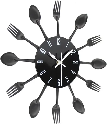 Vista 2 de Reloj de pared de cocina Timelike, reloj de cocina de cubertería 3D extraíble moderno creativo, cuchara y tenedor, reloj de pared con espejo Negro