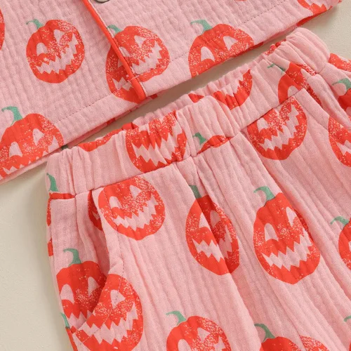 Vista 5 de Pijama de Halloween para bebé niña con diseño de calabaza, satén, con botones, camisa de manga larga, pantalones, conjunto de pijama de Halloween