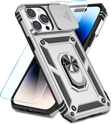 Vista 21 de SunStory Compatible con iPhone 13 Case/iPhone 14 Case con Protector de Pantalla HD y Cubierta de Cámara Deslizante y Soporte de Anillo Giratorio