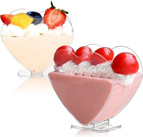 Vista 4 de Coloch Paquete de 100 mini tazas de postre en forma de corazón con cuchara para postre de 4 onzas/2.7 onzas líquidas, taza de aperitivo de plástico