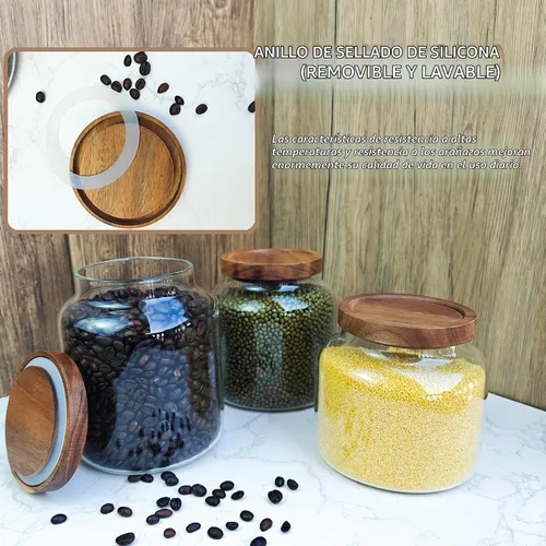 Vista 3 de 1 tarro de almacenamiento de vidrio con tapas herméticas, recipiente de café de 54 onzas líquidas (54.1 fl oz) con tapa de madera, recipiente