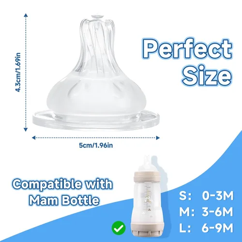 Vista 6 de Paquete de 4 pezones de botella compatibles con botella Mam, pezones de silicona suave para botella, apto para botellas MAM, flujo medio, más de 3