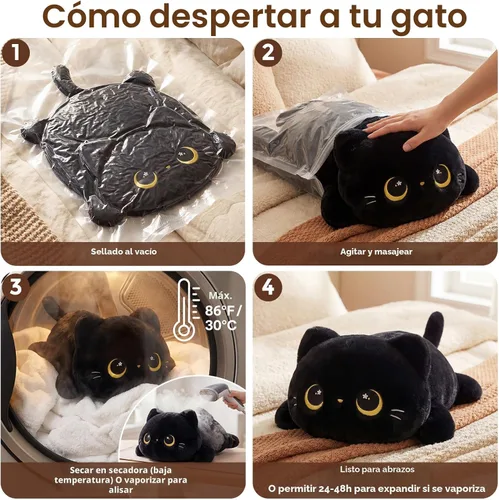 Vista 9 de Mewaii Linda Almohada de Felpa de Gato Negro, Peluches Kawaii de Animales de Peluche de Gato Negro, Peluches Suaves, Almohada de Felpa para Abrazar