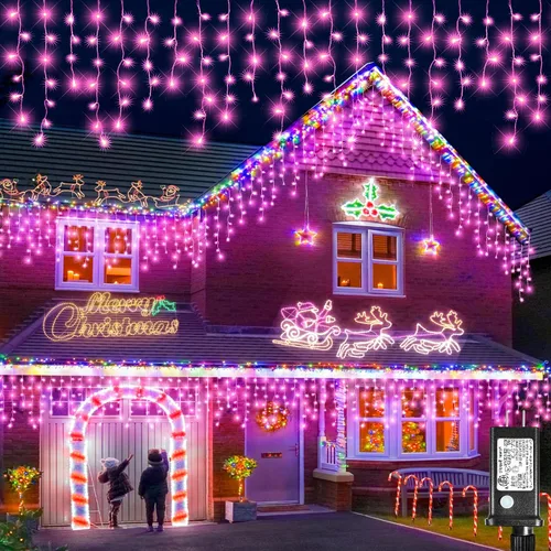 Vista 12 de Luces de carámbano para exteriores, 16.5 pies, 200 luces LED de Navidad para exteriores con 8 modos, impermeables, conectables, tira de luces
