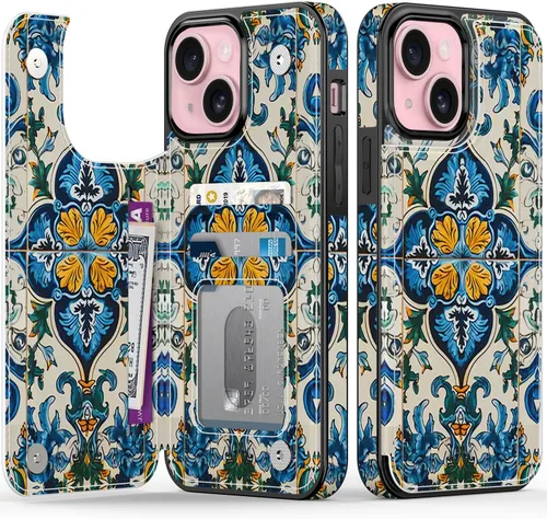 Vista 89 de FUNMIKO Funda tipo cartera para iPhone 15 con tarjetero + clip para efectivo, bloqueo RFID, protección contra caídas de grado militar y obras