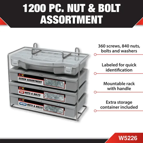 Vista 7 de Performance Tool W5226 Kit surtido de tuercas y pernos SAE/métricas de 1200 Incluye 360 tornillos de máquina, 840 tuercas, pernos y arandelas en un