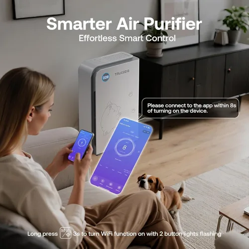 Vista 6 de Trucozie Purificador de aire grande para mascotas para el hogar de hasta 3000 pies cuadrados, absorbe el pelo flotante de gatos y perros, WiFi