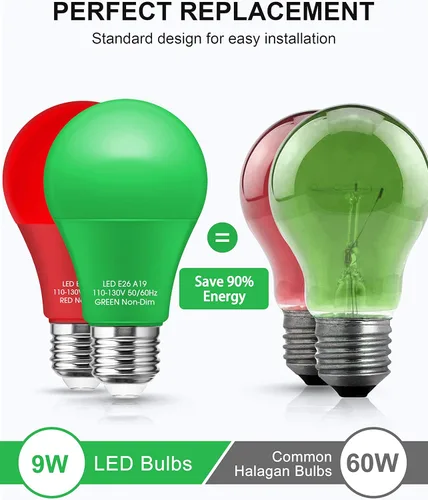 Vista 4 de Bombillas de Luz Roja y Verde Woxeon [Paquete de 4] – Bombillas LED A19 Rojas y Verdes de 9W (Equivalente a 60W) – Bombilla de Luz de Color con Base