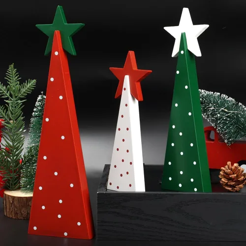 Vista 3 de Decoraciones de Navidad para interiores, decoración de Navidad - 3 piezas de señales de árbol de Navidad de madera con estrellas para el hogar