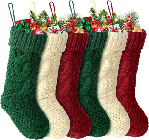 Vista 8 de Hommtina Medias de Navidad, medias de Navidad personalizadas de 18 pulgadas, de gran tamaño, punto trenzado, regalos (4 unidades, blanco y rojo)