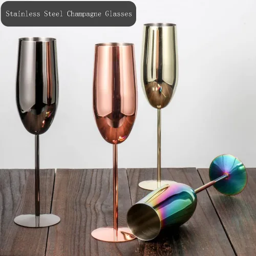 Vista 2 de Copas de champán de acero inoxidable, juego de 4 copas de vino irrompibles de 9.5 onzas, copas elegantes de tallo para tostadas a mano, para bodas