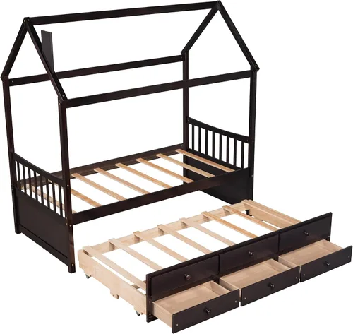 Vista 8 de Cama de madera maciza tamaño individual con techo, nido, 3 cajones de almacenamiento, sofá cama de plataforma para muebles de dormitorio, sala