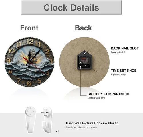Vista 3 de Relojes de pared con estampado de velero retro para sala de estar, relojes de pared con pilas, silenciosos, sin tictac, 10 pulgadas, impresión 2D