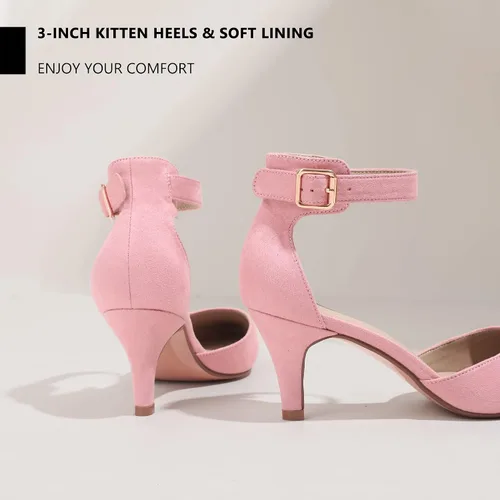 Vista 3 de IDIFU IN3 D'Orsay Zapatos de tacón bajo para mujer, zapatos de vestir puntiagudos con puntera cerrada, correa de tobillo para novia, elegante