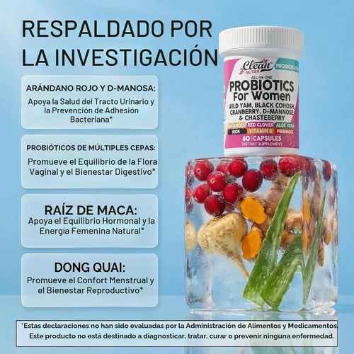 Vista 3 de Clean Nutraceuticals Probióticos para mujeres con D manosa, extracto de arándano, ñame silvestre, chasteberry – 20 cepas probióticas y prebióticas