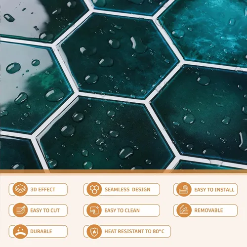 Vista 9 de CRE8TIVE 4 hojas de azulejos para despegar y pegar en muro para cocina, azulejos hexagonales de 12 x 12 pulgadas, color verde esmeralda