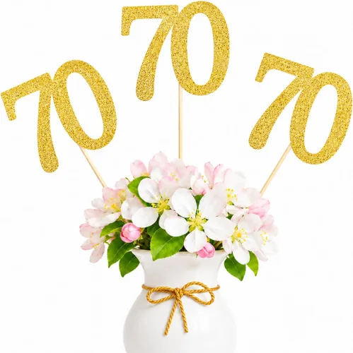 Vista 9 de Paquete de 10 palitos de centro de mesa de aniversario con purpurina de doble cara para cumpleaños número 70, decoración de mesa para cumpleaños
