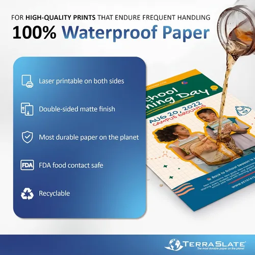 Vista 2 de Papel de copia TerraSlate para impresora láser impermeable, resistente a la lluvia, 5 mil, 8.5x11 pulgadas, 25 hojas