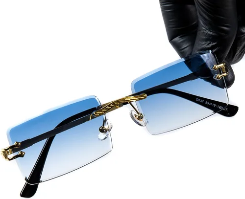 Vista 2 de Gafas de sol de verano vintage con marco de oro azul cielo retro rectangular de lujo sin montura