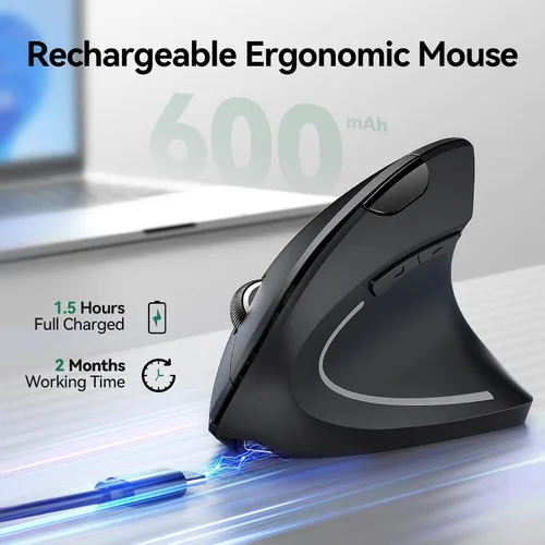 Vista 10 de TECKNET Ratón ergonómico inalámbrico, ratón Ergo vertical recargable Ratón óptico silencioso de 2.4 GHz, con 5 DPI ajustables (800-4800), mouse