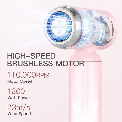 Vista 3 de Webeauty - Mini secador de pelo con difusor, motor de alta velocidad de 110,000 RPM, protección de iones negativos de 656.2 ft, ajustes de 3 Rosa