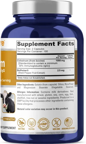Vista 2 de NusaPure Calostro 1050 mg 30% IgG 200 cápsulas (sin OMG y sin gluten) con bioperina