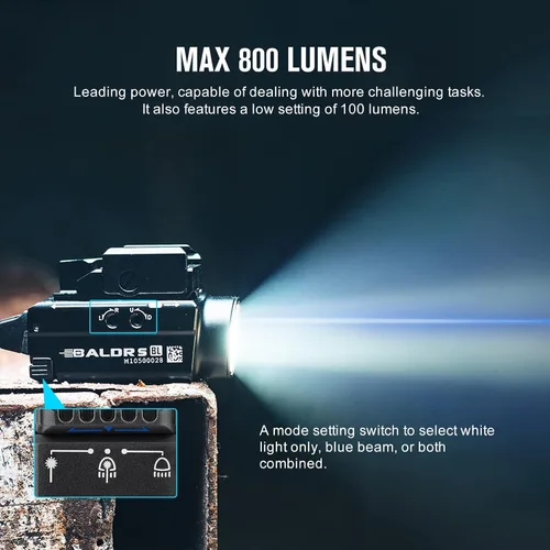 Vista 4 de OLIGHT Baldr S Blue Beam - Linterna táctica magnética recargable por USB de 800 lúmenes con combo de LED blanco, luz compacta montada en riel