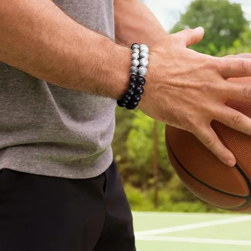 Vista 6 de RANKEEF - Pulsera de ojo de tigre para hombre, elástica, ajustable, cuentas de vidrio color negro, 516 de pulgada